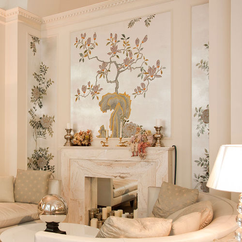 Papier peint classique - SUMMER NIGHT BLOSSOM - DE GOURNAY - à motif floral / aspect tissu / argenté