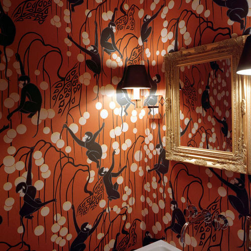 Papier peint classique - DECO MONKEYS - DE GOURNAY - à motif animalier / aspect tissu / rose