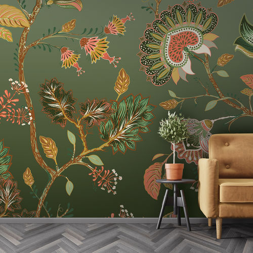 Papier peint contemporain - BATIK BK3904 - LGD01 décor mural sur mesure - à motif floral / vert / non tissé