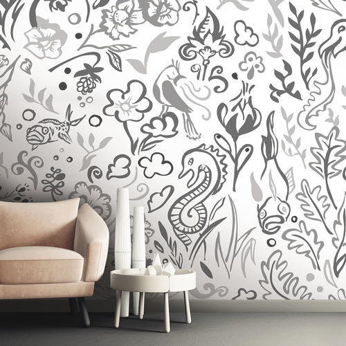 Papier peint contemporain - FOUILLIE-FEUILLUE FF1759 - LGD01 décor mural sur mesure - panoramique / gris / blanc