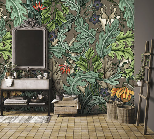 Papier peint contemporain - FOGLIA FG9217 - LGD01 décor mural sur mesure - à motif floral / panoramique / gris