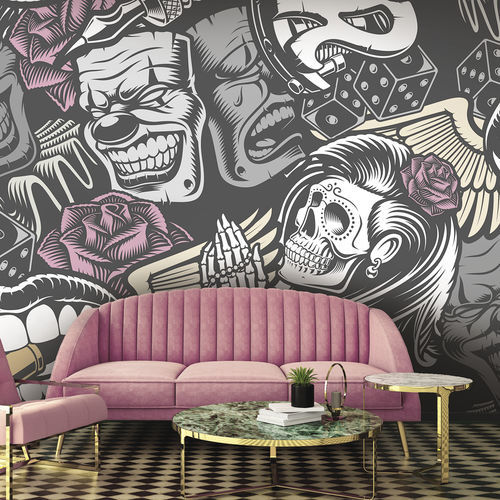 Papier peint design original - TATTOO TO8261 - LGD01 décor mural sur mesure - panoramique / gris / rose