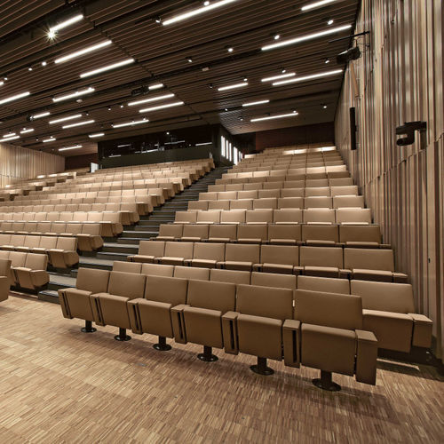 Fauteuil d'auditorium contemporain - BNP LUXENBOURG - Aresline - en cuir / en bois / escamotable