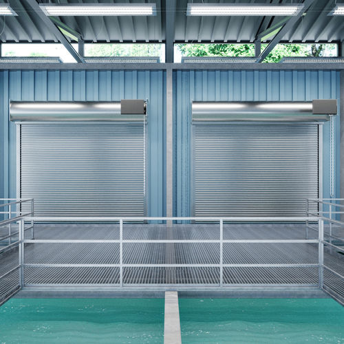 Porte industrielle enroulable - ESD series - Cornell - en acier inoxydable / de sécurité / antipanique