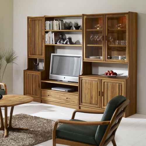 Ensemble TV mural design scandinave - VK2 - dyrlund - en teck / avec étagères / avec rangement intégré