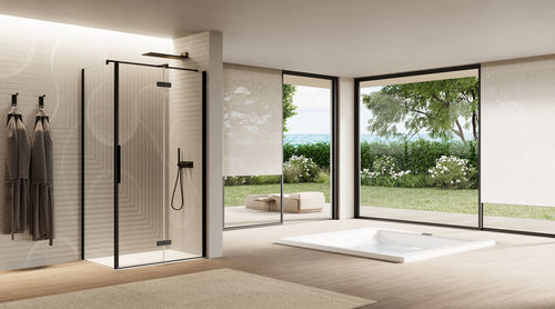 Cabine de douche en aluminium - INES - IDEAGROUP - en verre trempé / avec porte battante / d'angle