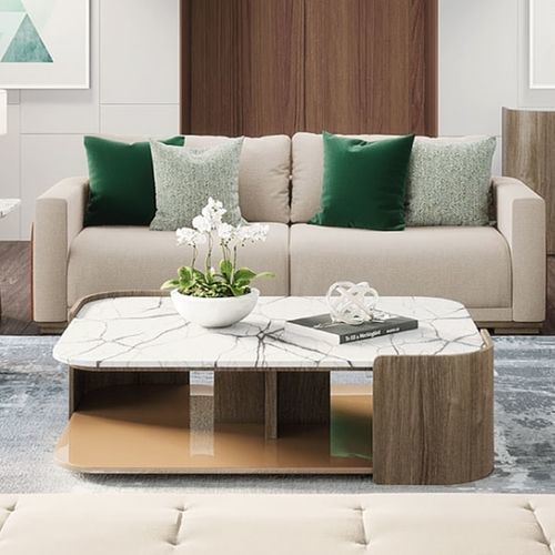 Table basse contemporaine - GALAPAGOS 401 - Adriana Hoyos - en marbre / en quartzite / avec piètement en chêne