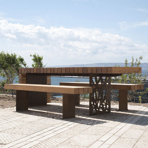 Table contemporaine - MIGRATION - CYRIA | Mobilier Urbain - en bois / avec piètement en acier / avec piètement en acier inoxydable