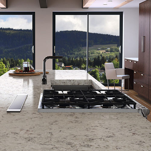 Plan de travail en composite quartz - BROWN AMA - COMPAC The Surfaces Company - de cuisine / à bords droits