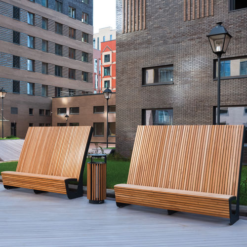Banc public contemporain - LANDSCAPE - mmcité street furniture - en bois / en acier galvanisé / avec dossier