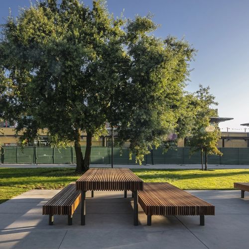 Table de pique-nique contemporaine - WOODY - mmcité street furniture - en bois de feuillus / avec piètement en acier galvanisé / rectangulaire