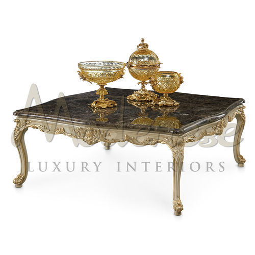 Table basse de style - 16629 - Modenese Luxury Interiors - en marbre / avec piètement en bois doré à la feuille d'or / carrée