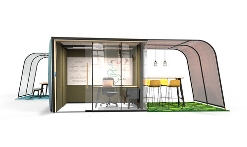 Bureau POD avec éclairage LED intégré - CAMPERS&DENS - Orange Box - avec prise de courant intégrée / en verre / en tissu