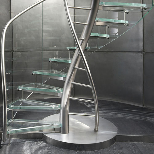Escalier haut de gamme - SCI HUNDERVOOD, MONACO - EeStairs - en colimaçon / à marches en verre / structure en acier inoxydable