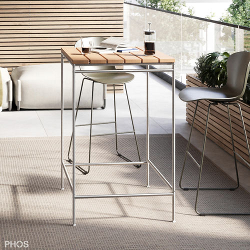 Table mange-debout design minimaliste - Outdoor Stehtische - PHOS Design GmbH - en teck / en acier inoxydable / avec piètement en acier inoxydable laqué