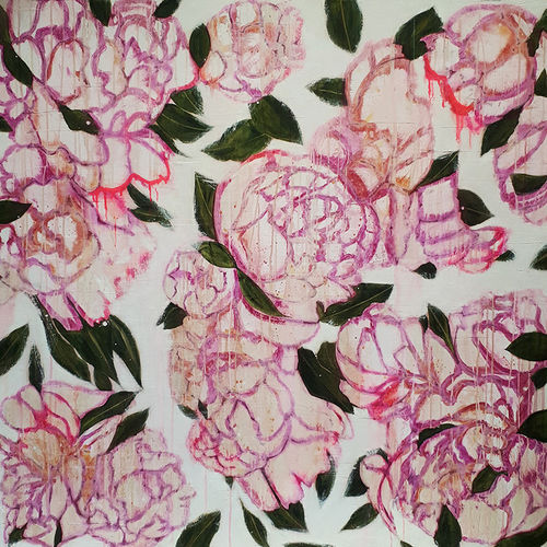 Tableau décoratif sur toile - ICI ET LA - huile / mixte / floral