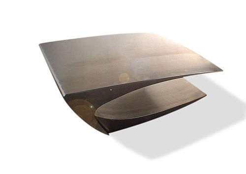 Table basse design original - UNFLAT  - ICI ET LA - en acier inoxydable / rectangulaire / à roulettes
