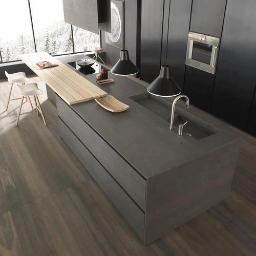 Cuisine contemporaine - MODERNE - BALIAN BETON Atelier - en béton bfuhp Ductal® / avec îlot / sans poignée
