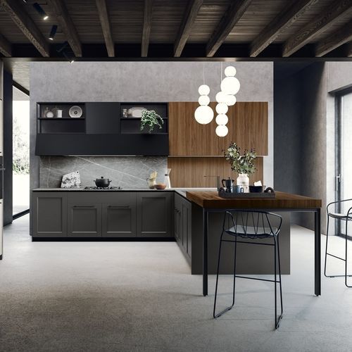 Cuisine contemporaine - TALÌA - MITON - en placage de bois / en grès / en tissu