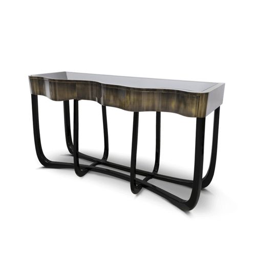 Console contemporaine - SINUOUS PATINA  - BOCA DO LOBO - en acajou / en laiton poli / avec piètement en bois laqué