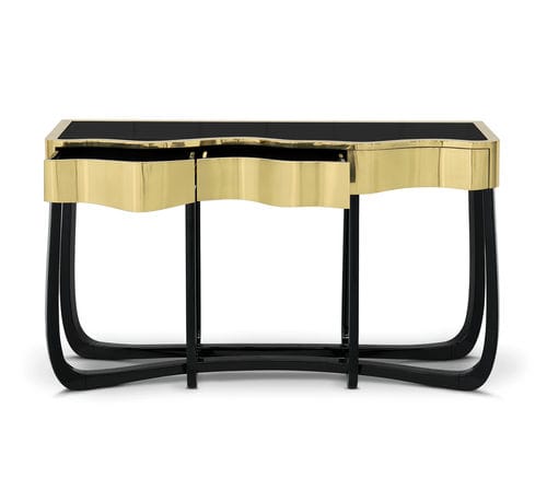 Console design original - SINUOUS - BOCA DO LOBO - en acajou / en laiton poli / avec piètement en bois laqué