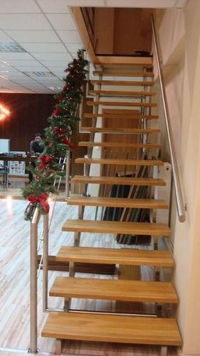 Escalier droit - pure inox - à marches en bois / structure en acier inoxydable / pour bâtiment tertiaire