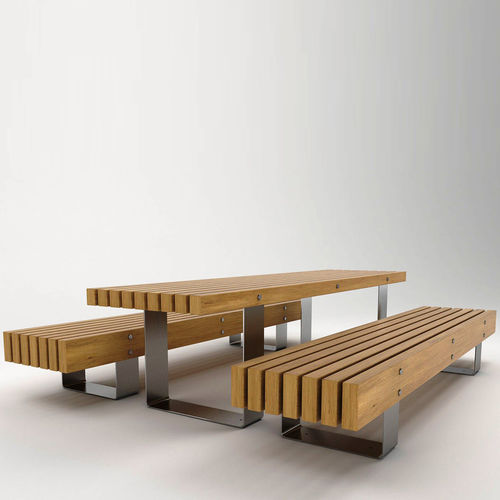 Ensemble table et bancs contemporain - QUAY - NORCOR MOB.URBAIN - en bois exotique / en acier galvanisé / en acier inoxydable