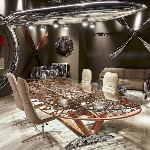 Table à manger aéronautique - AIR-TAV0102 AIRPLANE WING CONFERENCE - Arteinmotion - design original / en douglas taxifolié / en verre trempé