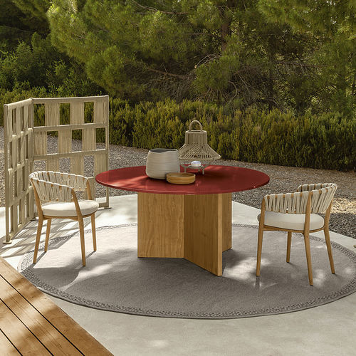 Table à manger contemporaine - VENICE D150 - TALENTI - en pierre de lave / avec piètement en teck / ronde