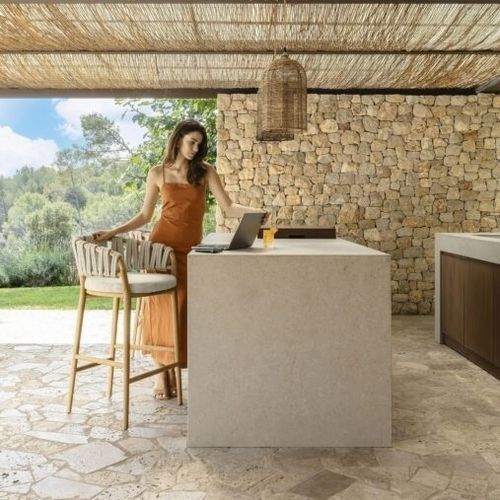 Chaise de bar contemporaine - VENICE - TALENTI - de jardin / en tissu / avec piètement en teck
