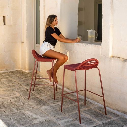 Tabouret de bar marine - PANAMA - TALENTI - en corde / avec piètement en aluminium / 4 pieds