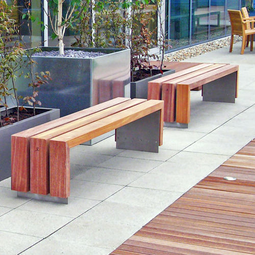 Banc public contemporain - BLOC - Factory Street Furniture - en bois / en inox / avec dossier