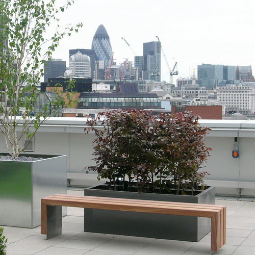 Banc public contemporain - Bloc - Factory Street Furniture - en bois / en inox / avec dossier