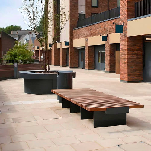 Banc public contemporain - RIBBON TWIST - Factory Street Furniture - en bois / en acier galvanisé / sans dossier