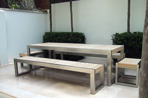Banc public contemporain - SKOP - Factory Street Furniture - en bois / en inox / avec dossier