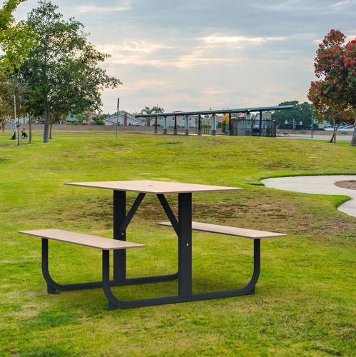 Ensemble table et bancs contemporain - SYMPHONIE EXTREME - ROSSIGNOL - en acier à revêtement par poudre / en HPL / de jardin