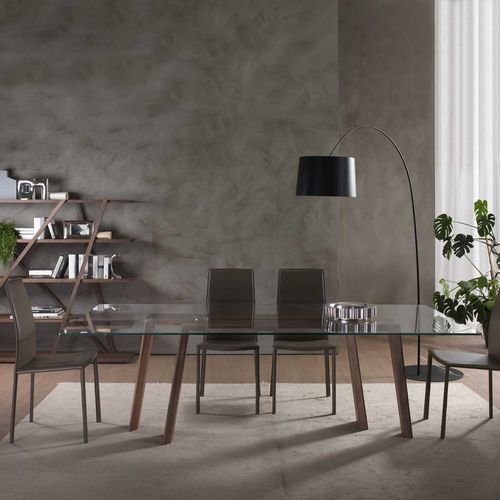 Table à manger contemporaine - JEN - Italy Dream Design - en verre trempé / avec piètement en bois massif / avec piètement en noyer