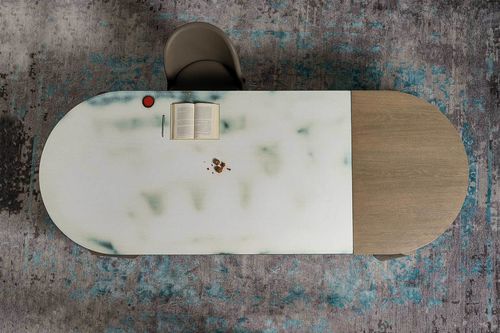 Table à manger en pierre de lave - ATLANTE - Italy Dream Design - avec piètement en chêne / ovale / en demi-cercle