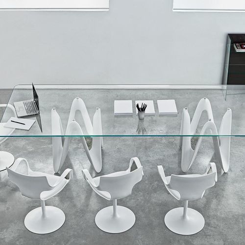 Table à manger contemporaine - LAMBDA  - Sovet Italia - en verre trempé / en verre fumé / avec piètement en chêne
