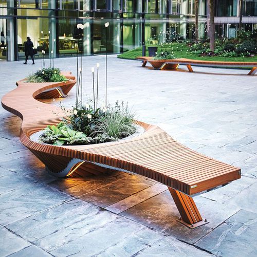 Banc public en inox - BOTANIC TWIST - TF URBAN - en acacia / sans dossier / sans accoudoirs