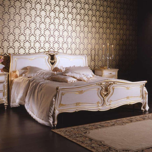 Lit double - white and gold - VIMERCATI MEDA LUXURY CLASSIC FURNITURE - de style Louis XV / tapissé / avec tête de lit tapissée