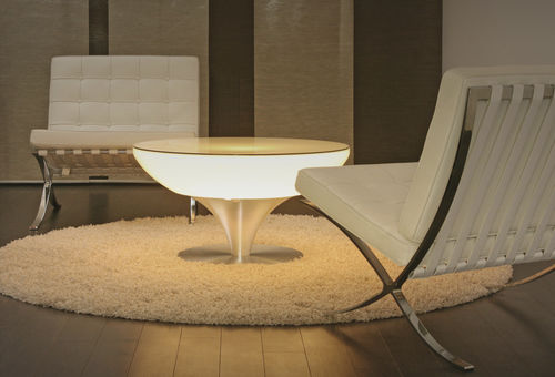 Table bistrot contemporaine - LOUNGE 45.55.75.105 - MOREE - en verre / avec piètement en aluminium / ronde
