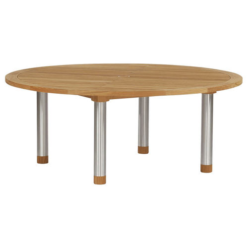 Table à manger contemporaine - Equinox  - Barlow Tyrie - en teck / avec piètement en acier inoxydable / ronde