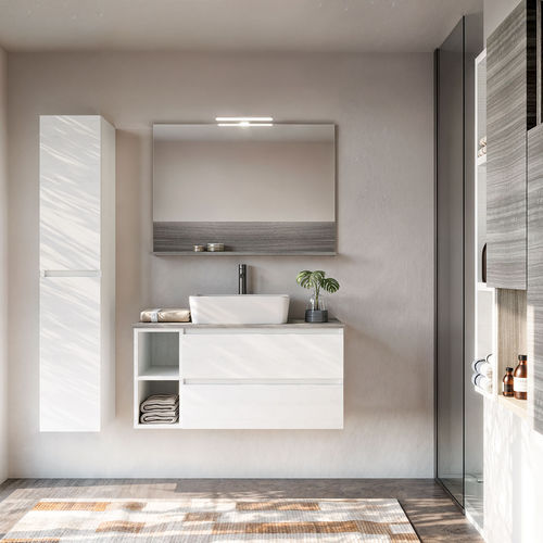 Meuble vasque suspendu - Cubik 06 - LEGNOBAGNO - en eucalyptus / en céramique / contemporain