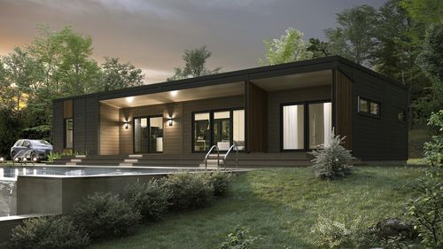 Maison en bois empilé - Austin - TIMBER BLOCK  - contemporaine / de plain-pied / avec terrasse