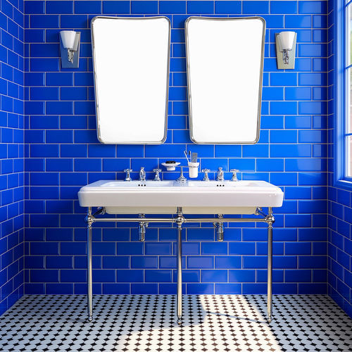 Vasque console - So Fifties - BLEU PROVENCE - sur pieds / en céramique / avec porte-serviettes intégré