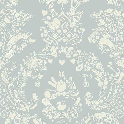 Papier peint contemporain - NEW WORLD DAMASK  - GREY BLUE &amp; WHITE - Mineheart - en textile non-tissé / damas / aspect tissu