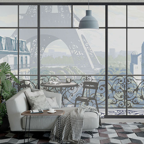 Papier peint contemporain - WINDOW ON EIFFEL TOWER #1 - Papiers de Paris - scène / aspect papier peint / imprimé