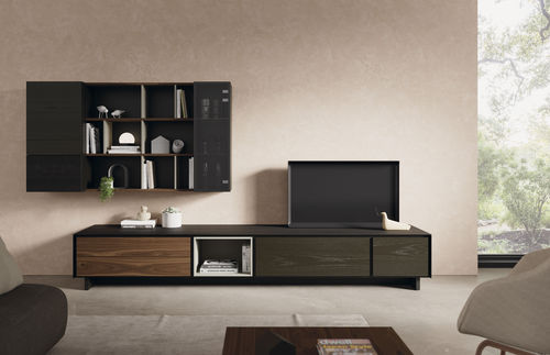Ensemble TV mural contemporain - BOOK 08 - VIVE - MUEBLES VERGE S.L. - en bois laqué / en noyer / en verre