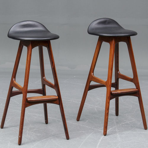 Tabouret de bar design scandinave - 1960-70s - paere dansk - en cuir / avec piètement en bois de rose / noir